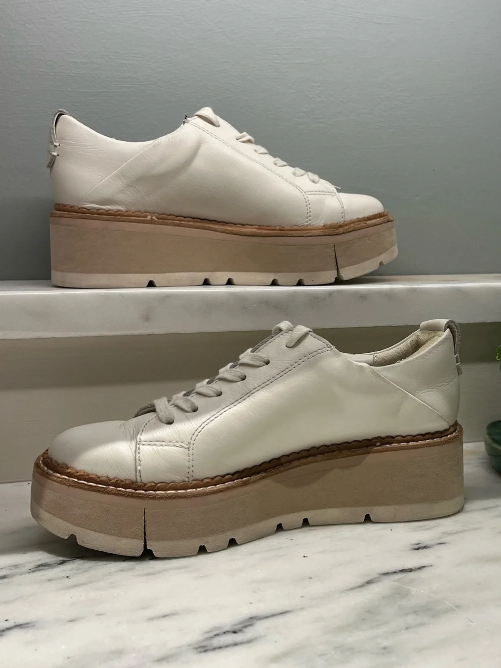 Dolce Vita Women's White Leather Platform Sneaker with Chunky Tan Sole